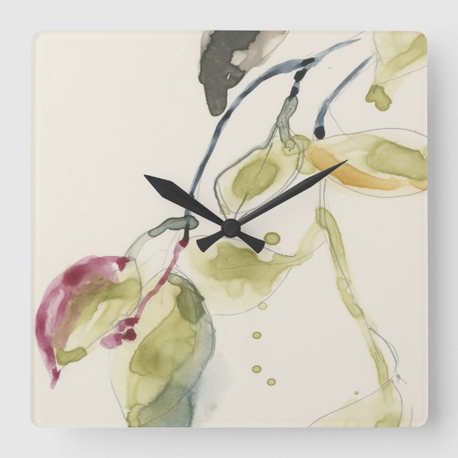 Aquarell-Blatt-Niederlassungs-Triptychon Quadratische Wanduhr (Vorderseite)