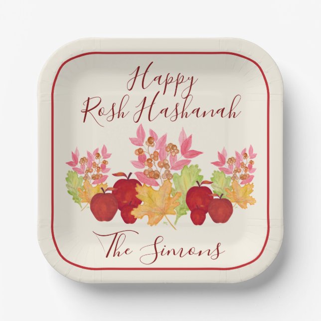 Aquarell-Blätter Äpfel Rosh Hashanah Pappteller (Vorderseite)