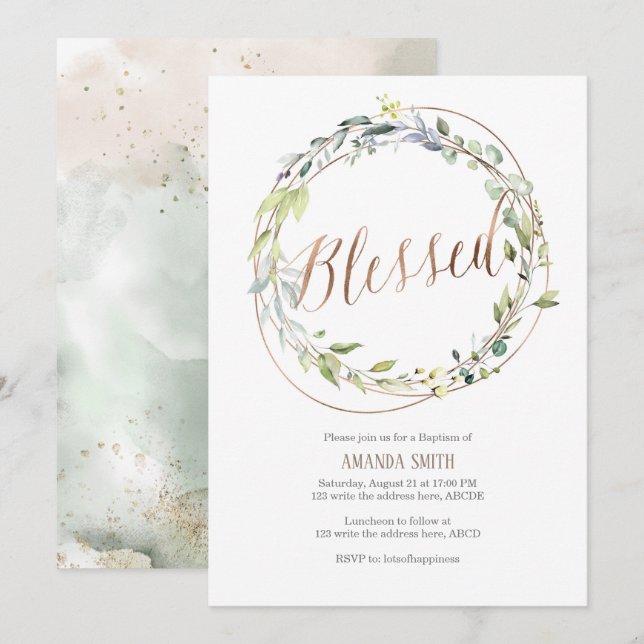 Aquarell-Blätter, Grüne, Rose Gold, Taufe Einladung (Vorne/Hinten)
