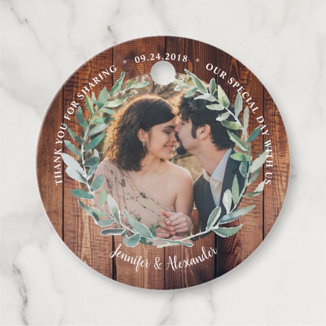 Aquarell Blätter Holz Danke Foto Hochzeit Geschenkanhänger (Vorderseite)
