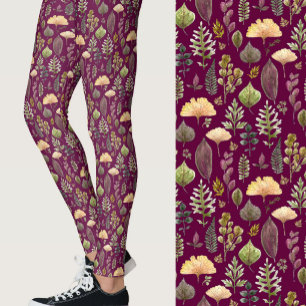 Aquarell-Blätter und Farne Herbstwald Burgunderrot Leggings