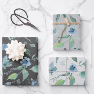 Aquarell Blau auf grauer floraler Trios Geschenkpapier Set