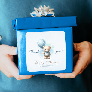 Aquarell Blau Ballon Teddybär Babyparty Quadratischer Aufkleber