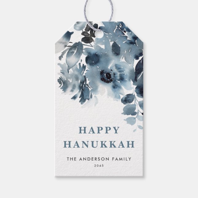 Aquarell Blau Blumen Happy Hanukkah Geschenkanhänger (Vorderseite)
