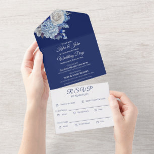 Aquarell Blau Blumenstrauß-Hochzeit- All In One Einladung