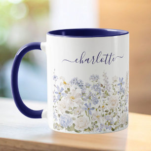 Aquarell Blau Blüten Schön Florales Monogramm Tasse