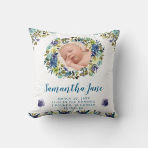 Aquarell Blau & Creme Blumen Kranz Baby Foto Kissen