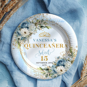 Aquarell Blau Floral Gold Benutzerdefinierter Name Pappteller