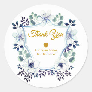 Aquarell Blau Floral & Gold Wappen "Danke" Runder Aufkleber