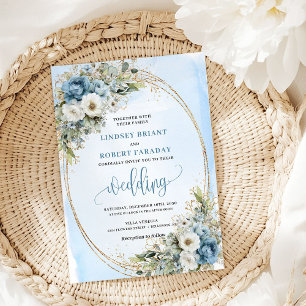 Aquarell Blau Floral Grün Gold Hochzeits Einladung