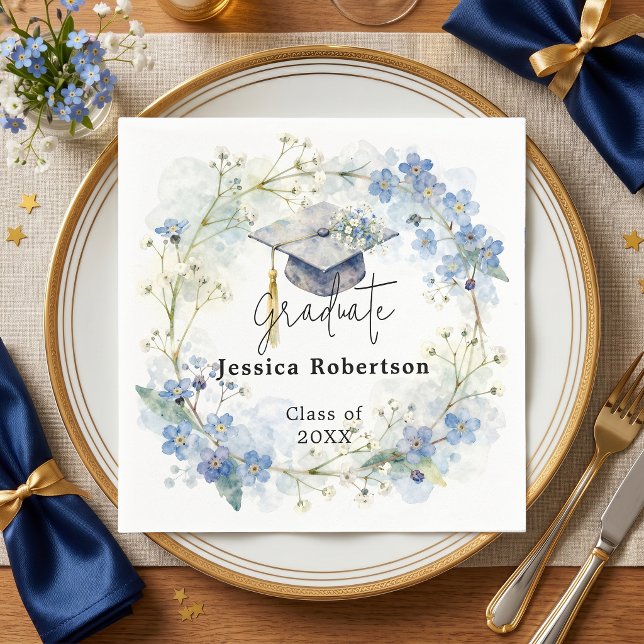 Aquarell Blau Floraler Kranz Abschlussfeier Serviette (Von Creator hochgeladen)