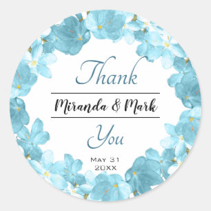 Aquarell Blau Floraler Kranz Hochzeit Danke Runder Aufkleber