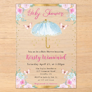 Aquarell Blau Gold Frühlingsschirm Baby Shower Acryleinladungen