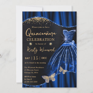 Aquarell Blau & Gold Glitter Kleid Quinceanera Einladung