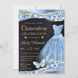 Aquarell Blau & Gold Glitzer Kleid Quinceanera Einladung