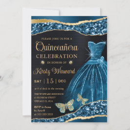 Aquarell Blau & Gold Glitzer Kleid Quinceanera Einladung