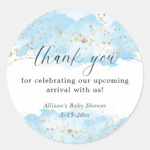 Aquarell Blau Gold Weiß Baby Shower Danke Runder Aufkleber
