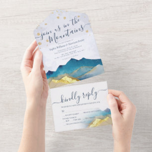 Aquarell Blau Goldfolie Berge Hochzeit RSVP All In One Einladung