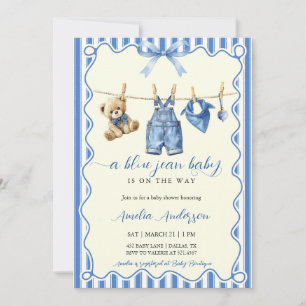 Aquarell Blau Jean Baby Teddybär Babyparty Einladung