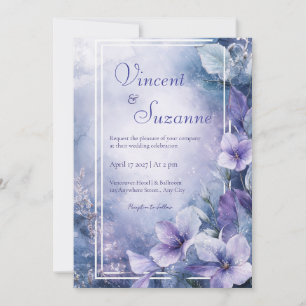 Aquarell Blau Lavendel Blumen Winterhochzeit Einladung
