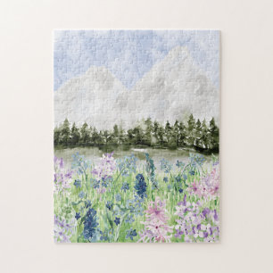 Aquarell Blau Lila Blumenwiese auf dem Berg