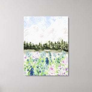 Aquarell Blau Lila Blumenwiese auf dem Berg Leinwanddruck