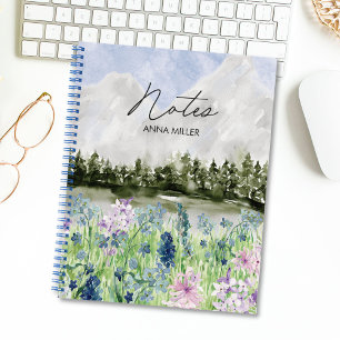 Aquarell Blau Lila Blumenwiese auf dem Berg Notizbuch