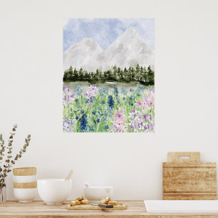 Aquarell Blau Lila Blumenwiese auf dem Berg Poster
