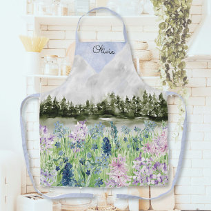 Aquarell Blau Lila Blumenwiese auf dem Berg Schürze