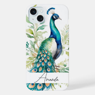 Aquarell Blau Pfau mit Blättern Name iPhone 15 Plus Hülle