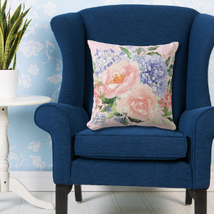 Aquarell Blau Rosa Hortensie Pfingstrose Frühlings Kissen