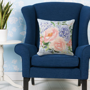 Aquarell Blau Rosa Hortensie Pfingstrose Frühlings Kissen