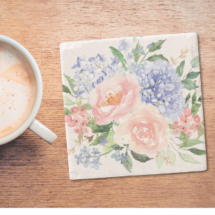 Aquarell Blau Rosa Hortensie Pfingstrose Frühlings Steinuntersetzer