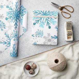 Aquarell Blau & Silber Glitter Winter Schneeflocke Geschenkpapier