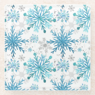 Aquarell Blau & Silber Glitter Winter Schneeflocke Glasuntersetzer