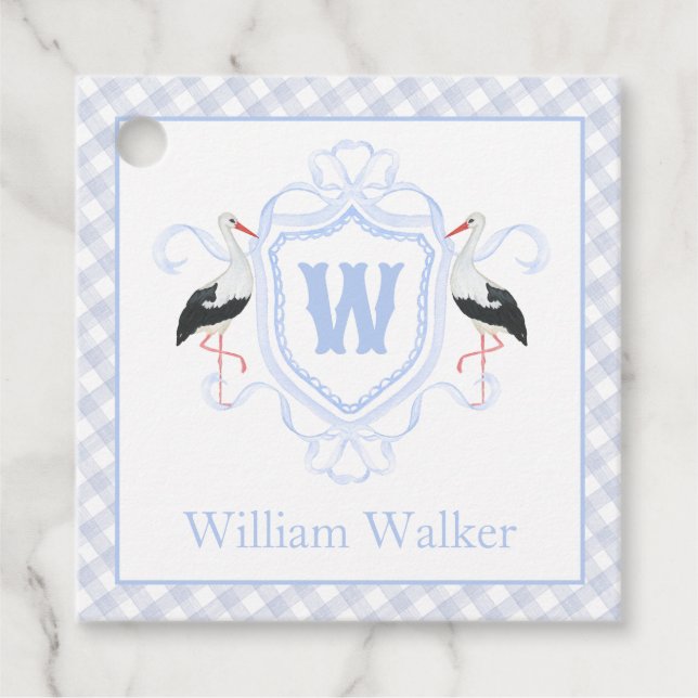 Aquarell Blau Storch Gingham Monogrammwappen Geschenkanhänger (Vorderseite)