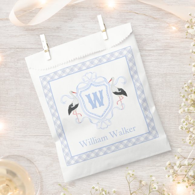 Aquarell Blau Storch Gingham Monogrammwappen Geschenktütchen (Ausgeschnitten)