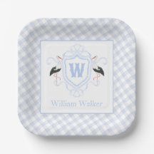 Aquarell Blau Storch Gingham Monogrammwappen