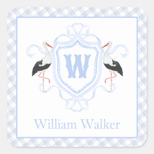Aquarell Blau Storch Gingham Monogrammwappen Quadratischer Aufkleber
