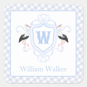 Aquarell Blau Storch Gingham Monogrammwappen Quadratischer Aufkleber