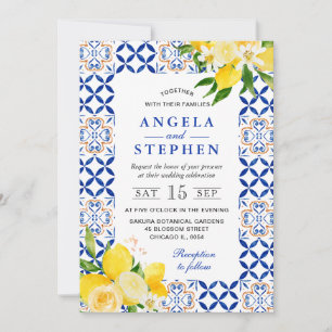 Aquarell Blau und Gelbe Zitronen Rahmen Hochzeit Einladung