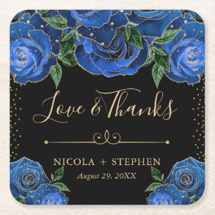 Aquarell Blau und Gold Glam Rosen Hochzeit Rechteckiger Pappuntersetzer