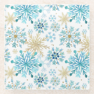 Aquarell Blau und Gold Glitter Winter Schneeflocke Glasuntersetzer
