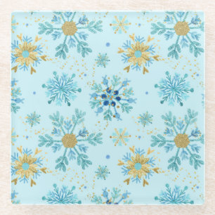 Aquarell Blau und Gold Glitter Winter Schneeflocke Glasuntersetzer