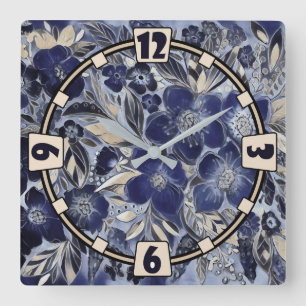 Aquarell, blau und lila, Anemone Aquarell Quadratische Wanduhr