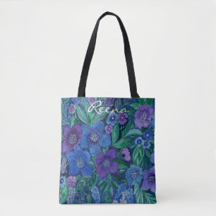 Aquarell, blau und lila, Anemone Aquarell Tasche