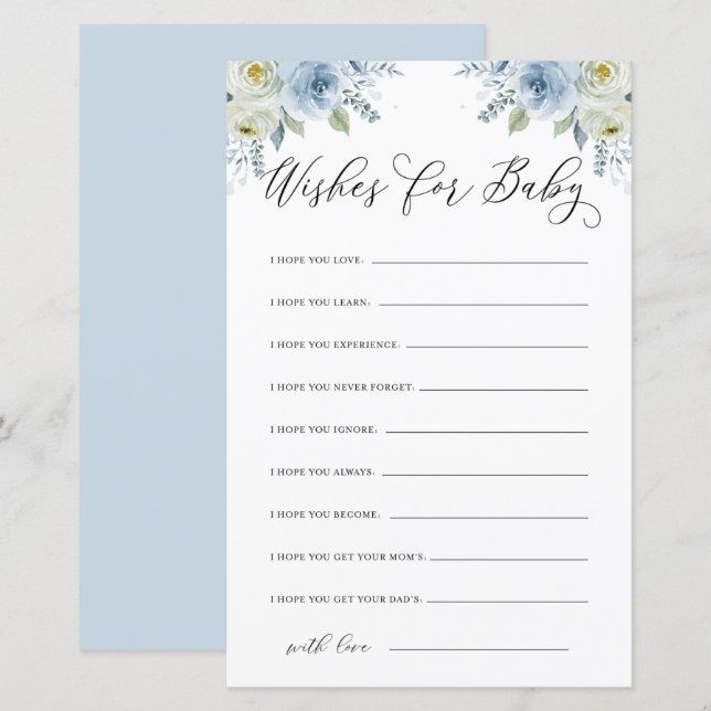 Aquarell Blau und Weiß Blume Wünsche für Baby (Vorne/Hinten)