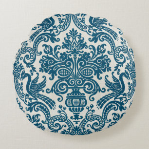 Aquarell Blau & Weiß Florales Vintage-Muster Rundes Kissen