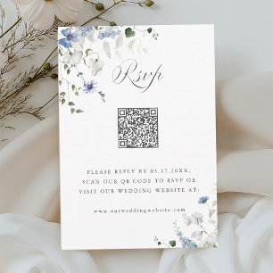 Aquarell Blau Weiß Grün Florale Hochzeits-QR-Code RSVP Karte