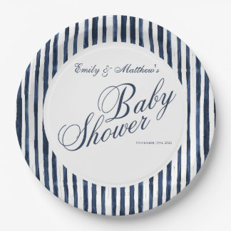 Aquarell Blau Weiß Streifen Baby Shower Papier  Pappteller